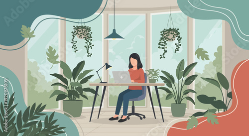 Woman works remotely on a laptop at a light wooden desk surrounded by numerous lush green potted house plants indoors near a large bay window.