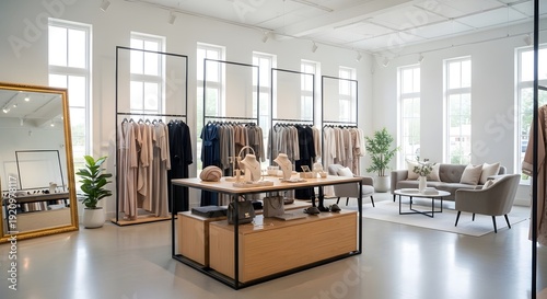 Modern retail space showcasing clothing displays and comfortable seating areas