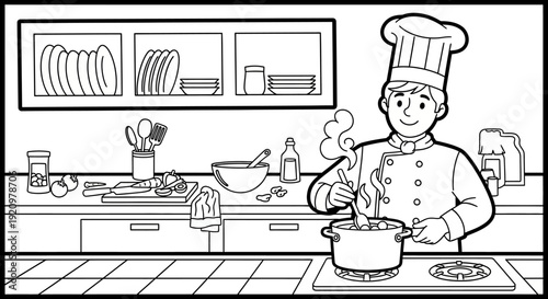 Chef Cooking in Kitchen.