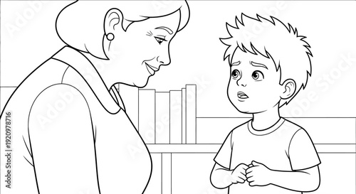 Woman talking to young boy.