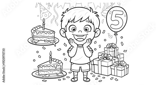 Happy Boy Celebrating Fifth Birthday with Cake.