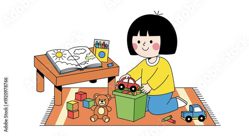 Little girl playing with toy blocks.