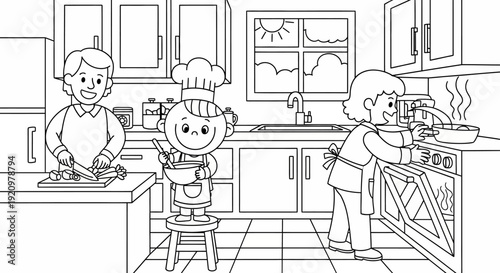 Children in kitchen with chef hat.