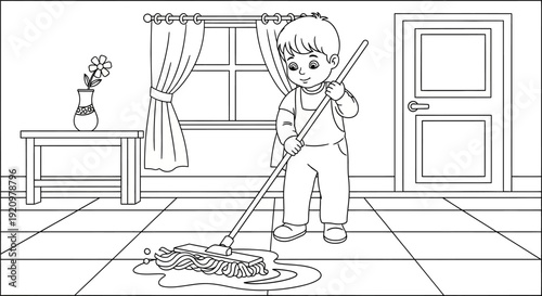 Little boy cleaning with a mop.