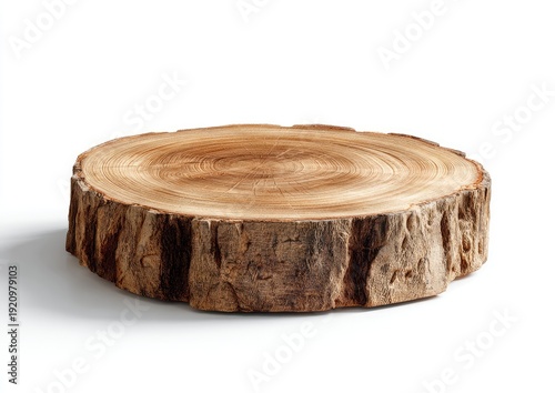 Close-up of a circular cross-section of a tree trunk, isolated on white