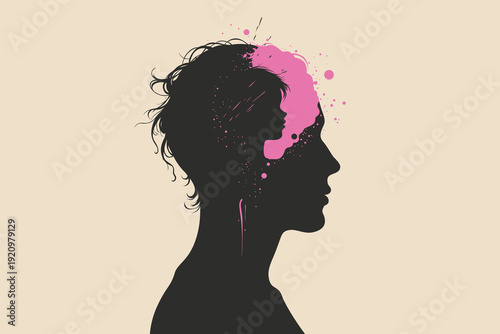 Black silhouette adult profile with inner child silhouette in pink paint splatter emerging from head, symbolizing trauma therapy, childhood inner voice on beige background