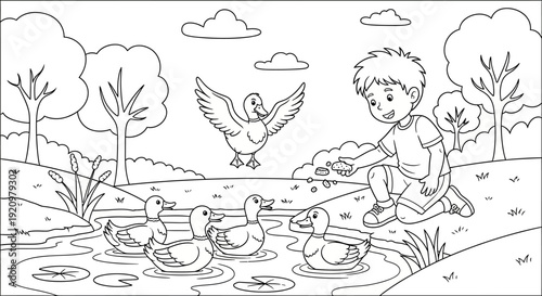 Boy Feeding Ducks in Pond Water.