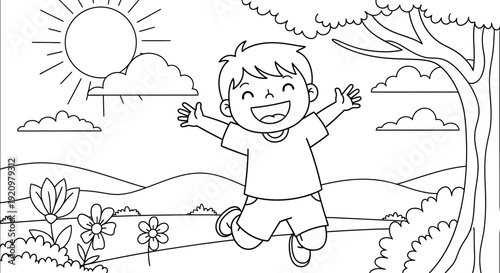 Happy little boy jumping with joy.