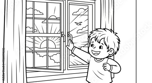 Happy child opening window blinds.