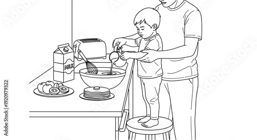 Man and child baking cookies together.