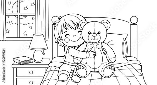 Little girl hugging big teddy bear.