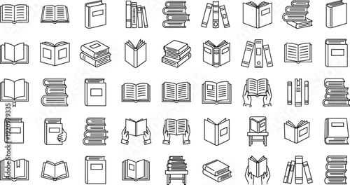 Books and Reading Line Icons Set, Open and Closed Book Collection for Library, Education and Literature Outline Vector Illustration