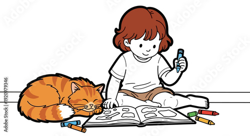 Girl sitting with cat reading book.