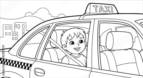 Boy sitting in a taxi.