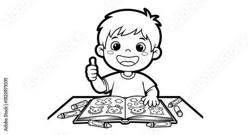 Boy holding book and giving thumbs up.