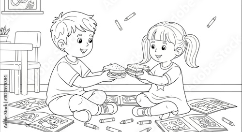 Two children sharing a plate indoors.