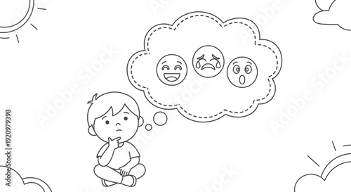 Boy thinking with multiple emotions.