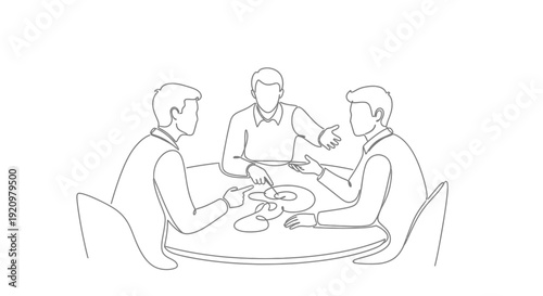 Three men sitting at table.