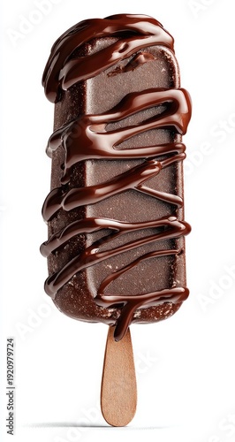 Dark chocolate ice cream bar on a wooden stick, covered in a glossy chocolate shell