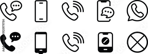 Smartphone call and chat communication icon set, mobile phone ringing and messaging symbols, black outline vector illustration isolated