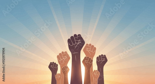 Diverse fists raised in unity and solidarity with radiant sunrise