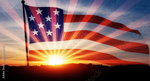 American flag waving proudly at sunrise over mountains