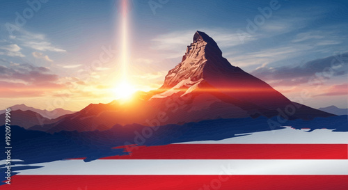 Matterhorn mountain peak at sunrise with American flag colors
