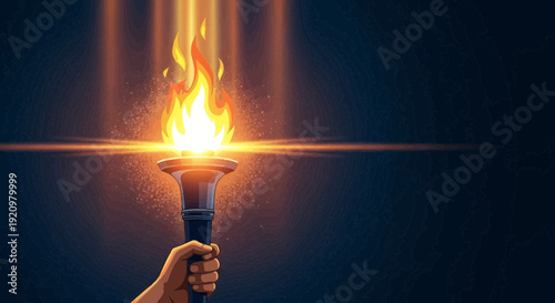 Hand holding torch with vibrant flames shining brightly upwards