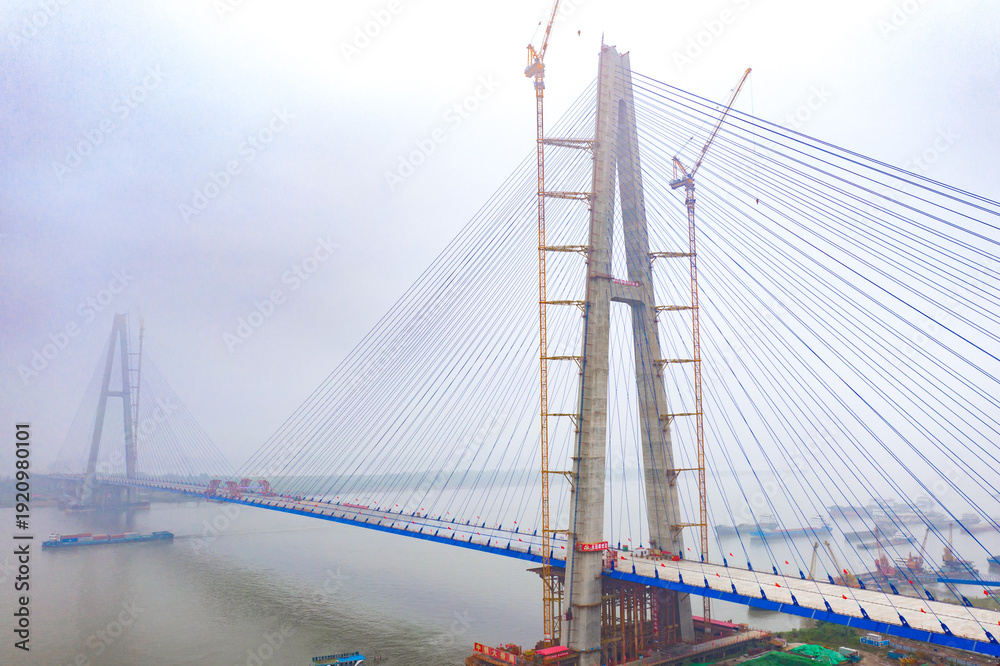 Obraz premium Yangtze River Bridge Construction Aerial View, Wuhan Qingshan