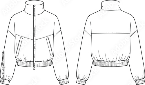 Women Cropped Bomber Jacket Technical Drawing, Front and Back View Fashion Line Art Template, Casual Zip Up Outerwear Design