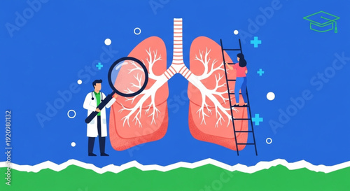  World Tuberculosis Day Medical illustration of lungs with doctors examining them closely with a magnifying glass and ladder, educational graphic on health