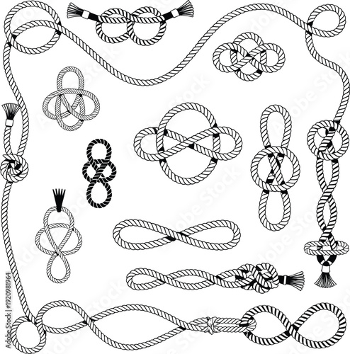 Decorative rope knots illustration set featuring nautical tied ropes, loops, and ornamental knot designs in hand drawn style for maritime, craft, and vintage design projects