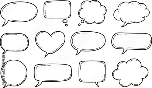 A collection of hand drawn speech bubbles and thought balloons in black and white ideal for communication visuals
