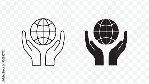 Eco friendly globe icon set. Includes earth, hands, and environmental symbols. Created in minimalist style with black and white palette isolated on Transparent Background