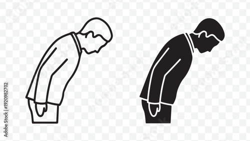 Bowing people icon set, includes man and woman, simple line style. Created in minimalistic style with black and white palette. isolated on Transparent Background