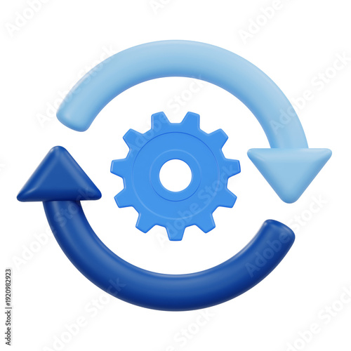 3D icon of a blue gear with circular arrows representing process or update