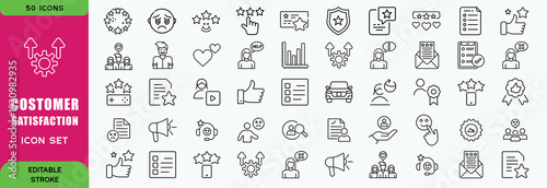 Customer satisfaction icon set. Containing rating, review, feedback, bell, complaint, approval, smiley, handshake, quality badge, loyalty and more. Solid vector icons collection