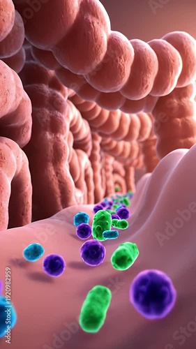 Microscopic View of Human Intestinal Tract With Diverse Microbiota And Vibrant Bacteria Cells