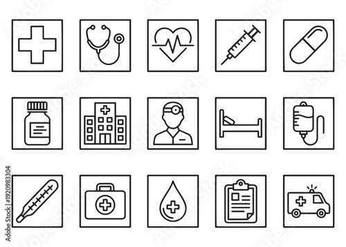 Medical and healthcare symbols in square frames on transparent background