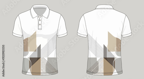 Contemporary polo shirt design with unique abstract geometric pattern in warm and neutral tones, showcasing front and back views for fashion and merchandise apparel