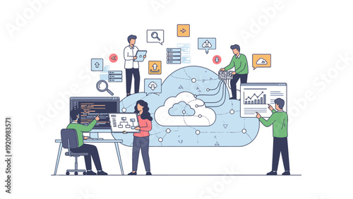 Flat illustration of a diverse team collaborating with cloud computing and data exchange symbols around them on a white background with a professional and technological mood.