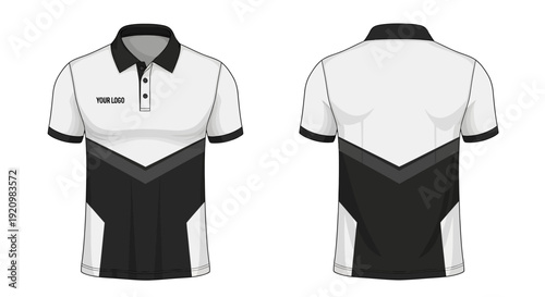 Modern black and white polo shirt design template with a stylish V-shaped graphic, perfect for sports teams, corporate uniforms, and customizable apparel projects