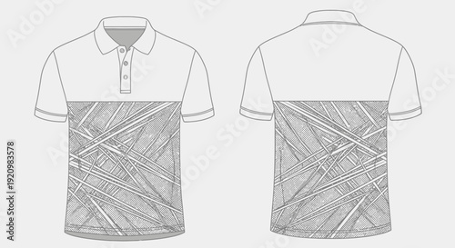 Front and back view of a white polo shirt with a grey abstract geometric pattern on the lower half
