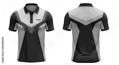 Front and Back View of a Modern Graphic Polo Shirt Design with Geometric Accents