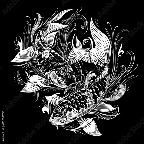 Fish illustration. Koi drawing art ornament gold