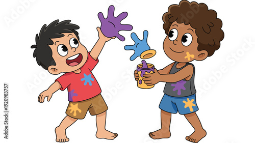 Two Boys Playing with Paints and Toys Outdoors