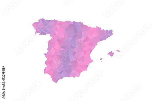 Spain Map - Polygon Style Vector Illustration in Pink and Purple Gradient, Low Poly Geometric Design, Isolated on White Background for Infographics and Education.
