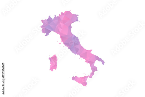 Italy Map - Polygon Style Vector Illustration in Pink and Purple Gradient, Low Poly Geometric Design, Isolated on White Background for Infographics and Education.