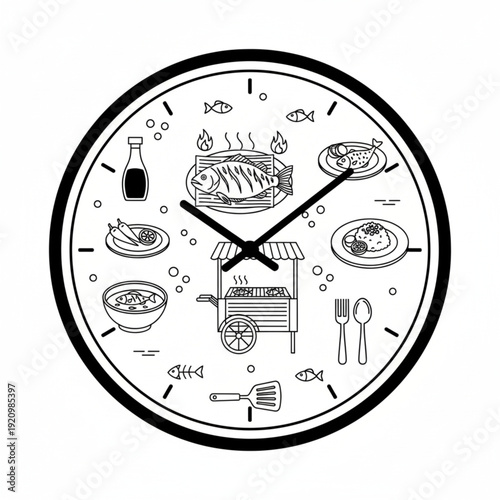 Wall clock vector illustration with grilled fish icons, seafood restaurant concept, black and white line art.
