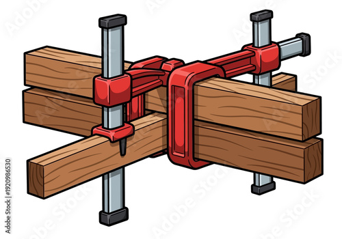 Wooden beams clamped together with metal clamps and screws in a workshop setting